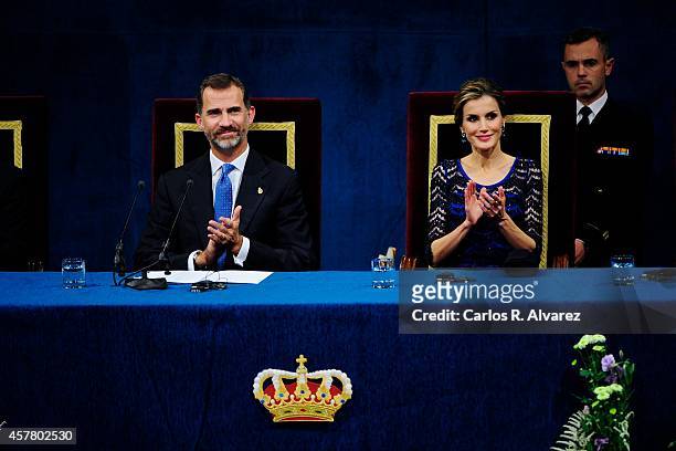 King Felipe VI of Spain and Queen Letizia of Spain attend the Principe de Asturias Awards 2014 ceremony at the Campoamor Theater on October 24, 2014...