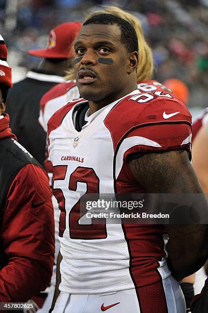 Jasper Brinkley of the Arizona Cardinals watches from the sideline during a game against the Tennessee Titans at LP Field on December 15, 2013 in...