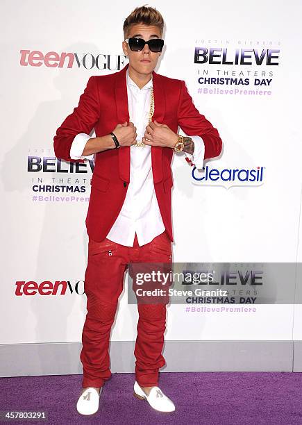 Justin Bieber arrives at the "Justin Bieber's Believe" World Premiere at Regal Cinemas L.A. Live on December 18, 2013 in Los Angeles, California.