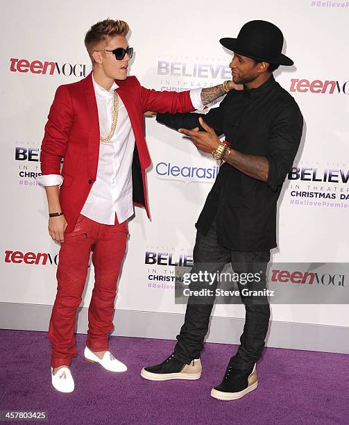 Justin Bieber and Usher arrives at the "Justin Bieber's Believe" World Premiere at Regal Cinemas L.A. Live on December 18, 2013 in Los Angeles,...