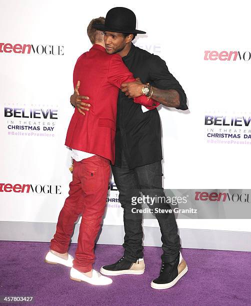 Justin Bieber and Usher arrives at the "Justin Bieber's Believe" World Premiere at Regal Cinemas L.A. Live on December 18, 2013 in Los Angeles,...