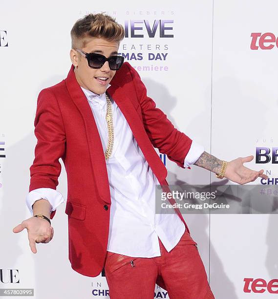 Singer Justin Bieber arrives at the world premiere of "Justin Bieber's Believe" at Regal Cinemas L.A. Live on December 18, 2013 in Los Angeles,...
