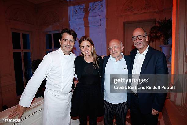 Chef Yannick Alleno, Clemence Krzentowski, Bertrand Lavier and Didier Krzentowski attend the "Bal Jaune", Fondation d'Entreprise Ricard award for Art...