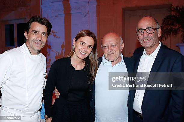 Chef Yannick Alleno, Clemence Krzentowski, Bertrand Lavier and Didier Krzentowski attend the "Bal Jaune", Fondation d'Entreprise Ricard award for Art...