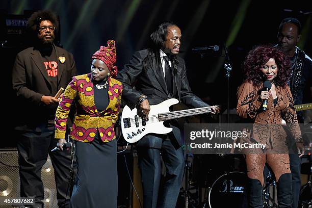 Ahmir 'Questlove' Thompson,Angelique Kidjo,Verdine White and Chaka Khan perform at the 13th Annual A Great Night In Harlem Gala Benefiting The Jazz...