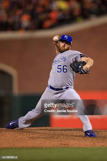 Greg Holland of the Kansas City Royals pitches in the ninth inning against the San Francisco Giants during Game Three of the 2014 World Series at...