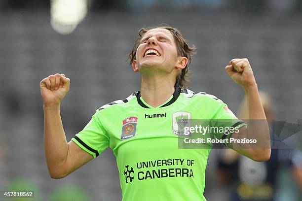 Ashleigh Sykes of Canberra celebrates after scoring a goal during the round seven W-League match between Melbourne and Canberra at Etihad Stadium on...