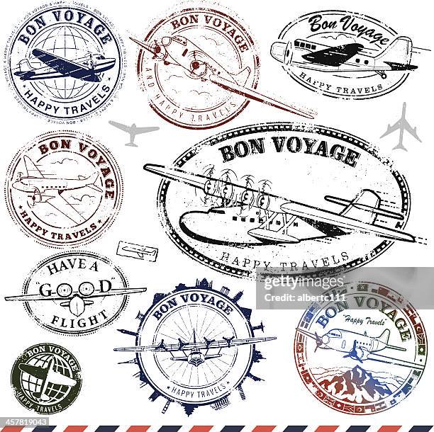 vintage-flugzeug reisen briefmarken - luftpost stock-grafiken, -clipart, -cartoons und -symbole
