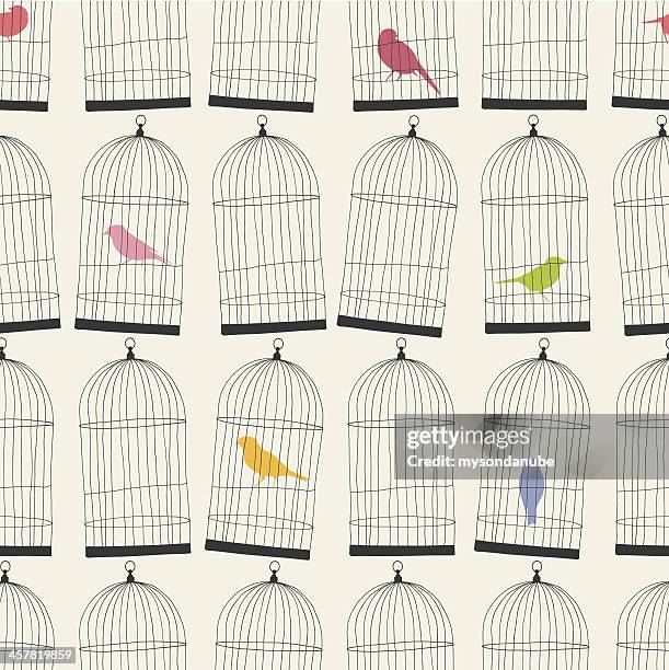 stockillustraties, clipart, cartoons en iconen met seamless birdcages and colorful birds wallpaper pattern - kooi