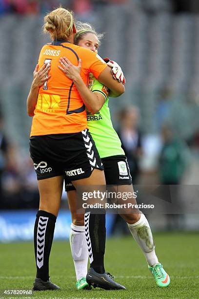 Chantel Jones of Canberra celebrates with team-mate Ellie Brush of Canberra after a win during the round seven W-League match between Melbourne and...