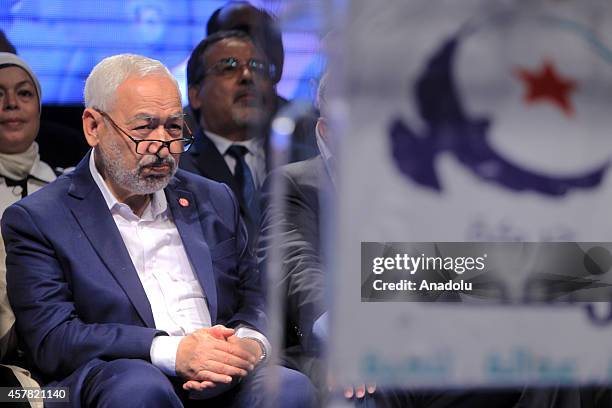 Tunisian En-Nahda Party founder Rashid al-Ghannushi is seen during a rally ahead of Tunisian parliamentary election, which will be held on October...