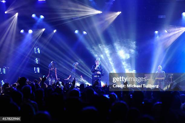 Musicians Andy Bell and Vince Clark of Erasure perform at Hollywood Palladium on October 24, 2014 in Hollywood, California.