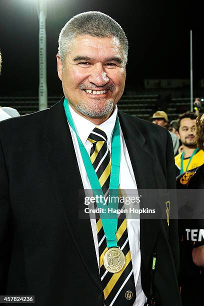 Coach Colin Cooper of Taranaki is all smiles after winning the ITM Cup Premiership Final match between Taranaki and Tasman at Yarrow Stadium on...