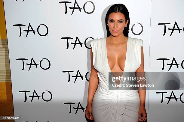 Television personality Kim Kardashian arrives at the Tao Nightclub at the Venetian Resort Hotel Casino on October 24, 2014 in Las Vegas, Nevada.