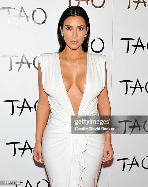 Television personality Kim Kardashian arrives at the Tao Nightclub at The Venetian Las Vegas to celebrate her 34th birthday on October 25, 2014 in...