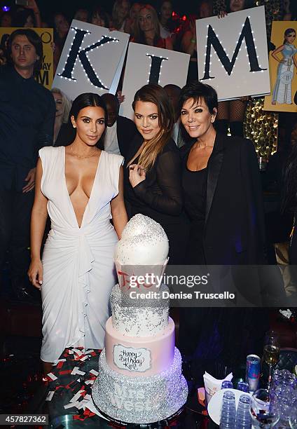 Kim Kardashian West, Khloe Kardashian and Kris Jenner celebrate Kim's birthday at TAO Nightclub at the Venetian on October 24, 2014 in Las Vegas,...