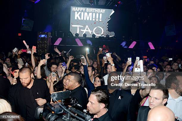 General view of atmosphere during Kim Kardashian West's arrival to her birthday party at TAO Nightclub at the Venetian on October 24, 2014 in Las...