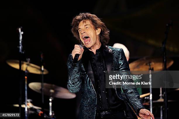 Mick Jagger of The Rolling Stones perform live at Adelaide Oval on October 25, 2014 in Adelaide, Australia.