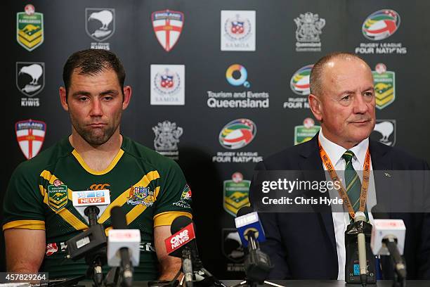 Cameron Smith of Australia and Australia coach Tim Sheens speak to media after losing the Four Nations Rugby League match between the Australian...