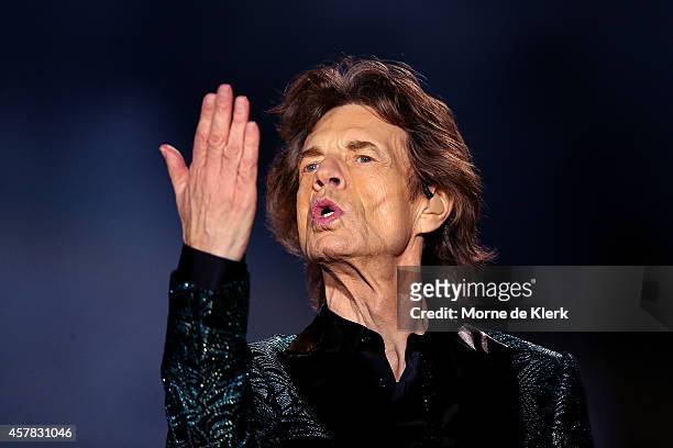 Mick Jagger of The Rolling Stones perform live at Adelaide Oval on October 25, 2014 in Adelaide, Australia.