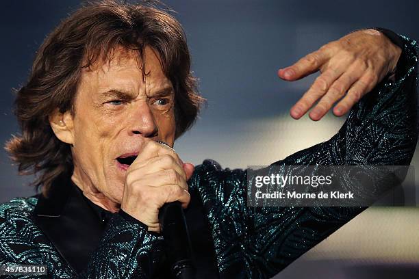 Mick Jagger of The Rolling Stones perform live at Adelaide Oval on October 25, 2014 in Adelaide, Australia.