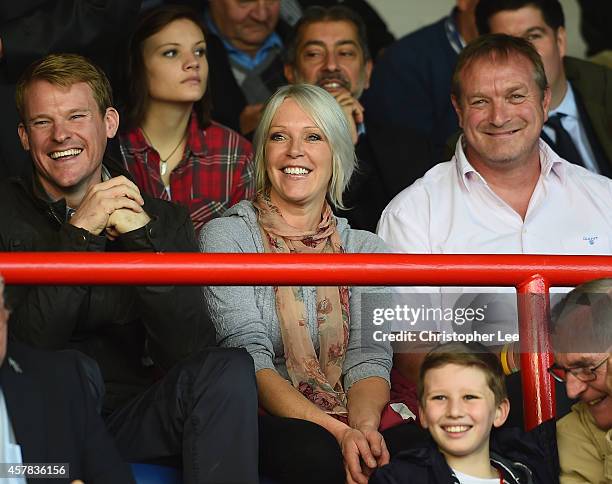 Presenter Helen Chamberlain with friends watch the match during the FA Cup Qualifying Fourth Round match bteween Aldershot Town and Torquay United at...