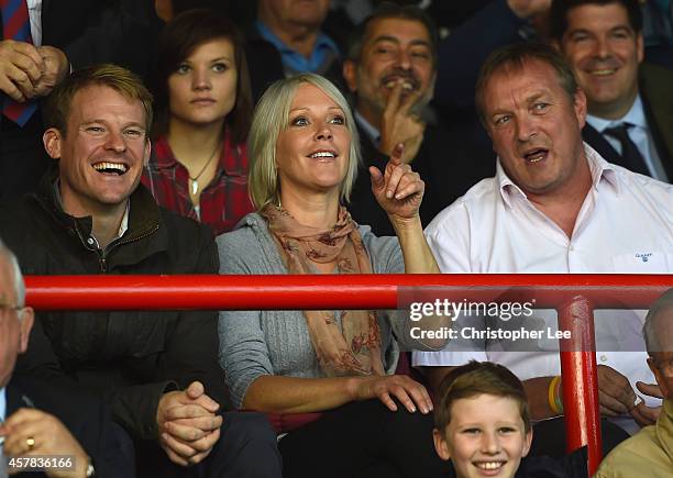 Presenter Helen Chamberlain with friends watch the match during the FA Cup Qualifying Fourth Round match bteween Aldershot Town and Torquay United at...