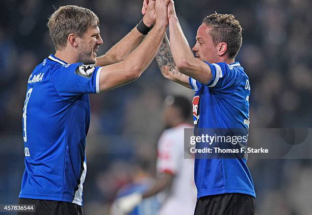 Fabian Klos and Christian Mueller of Bielefeld celebrate during the Third League match between Arminia Bielefeld and RW Erfurt at Schueco Arena on...