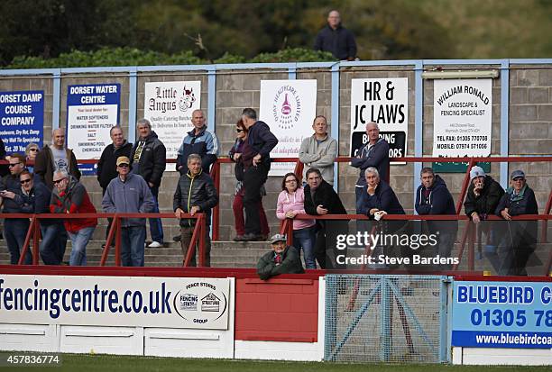 Weymouth supporters watch the action during the FA Cup Qualifying Fourth Round match between Weymouth v Braintree Town at the Bob Lucas stadium on...