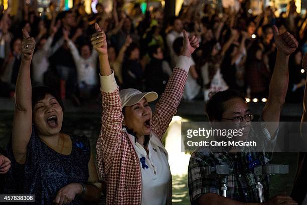 Anti-occupy, Blue Ribbon Movement supporters cheers during a rally held in Tsim Sha Tsui, Kowloon on October 25, 2014 in Hong Kong, Hong Kong....