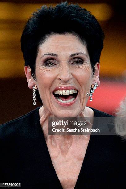 Presenter Erika Berger reacts during the taping of the anniversary show '30 Jahre RTL - Die grosse Jubilaeumsshow mit Thomas Gottschalk' on December...