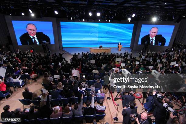 Russian President Vladimir Putin delivers a speech during his annual press conference on December 19, 2013 in Moscow, Russia. More than 1300...