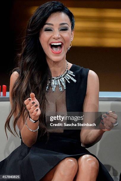 Presenter Verona Pooth reacts during the taping of the anniversary show '30 Jahre RTL - Die grosse Jubilaeumsshow mit Thomas Gottschalk' on December...