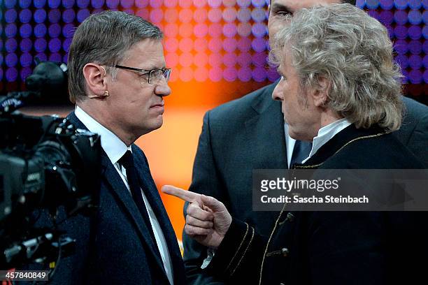 Presenters Guenther Jauch and Thomas Gottschalk face each other during the taping of the anniversary show '30 Jahre RTL - Die grosse Jubilaeumsshow...