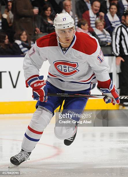 Rene Bourque of the Montreal Canadiens skates during NHL season opener game action against he Toronto Maple Leafs on October 8, 2014 at Air Canada...