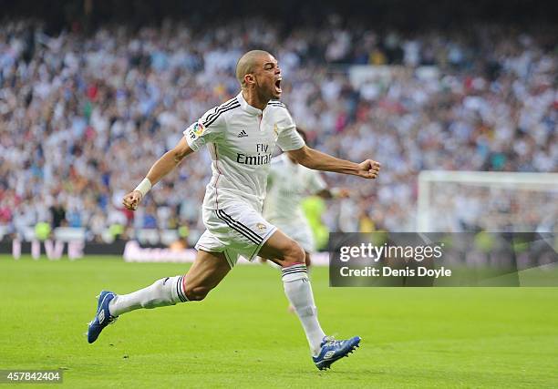 Pepe of Real Madrid CF celebrates after scoring his team's 2nd goal from the penalty spot during the La Liga match between Real Madrid CF and FC...