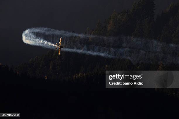 Nigel Lamb of Great Britain flies during the qualifying for the eight stage of the Red Bull Air Race World Championship on October 25, 2014 in...