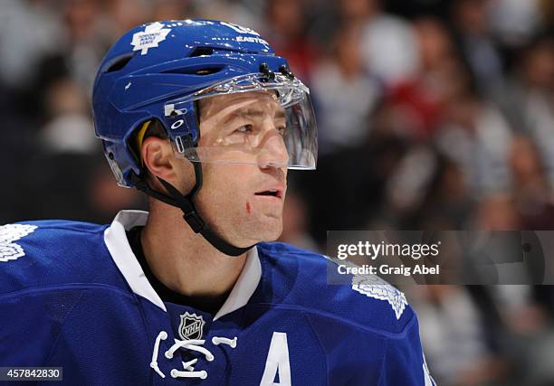 Stephane Robidas of the Toronto Maple Leafs looks on during NHL season opener game action against the Montreal Canadiens on October 8, 2014 at Air...