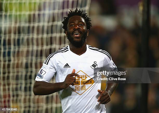 Wilfried Bony of Swansea City celebrates scoring their second goal during the Barclays Premier League match between Swansea City and Leicester City...