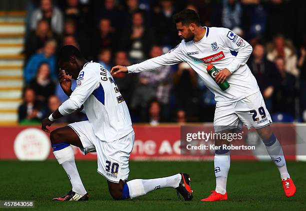 Armand Gnanduillet of Tranmere Rovers celebrates scoring with team mate George Barker during the Sky Bet League Two match between AFC Wimbledon and...