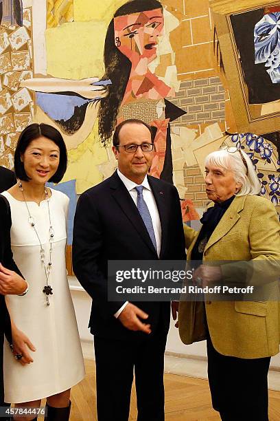 Ministre of Culture Fleur Pellerin, Maya Widmaier Picasso, daughter of Pablo Picasso, French President Francois Hollande, inaugurate the Pablo...