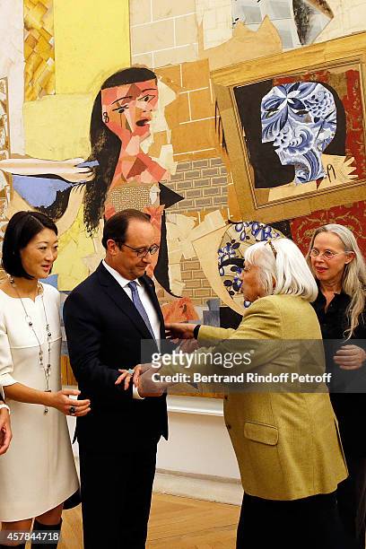 Ministre of Culture Fleur Pellerin, Maya Widmaier Picasso, daughter of Pablo Picasso, French President Francois Hollande, Anne Baldassari inaugurate...