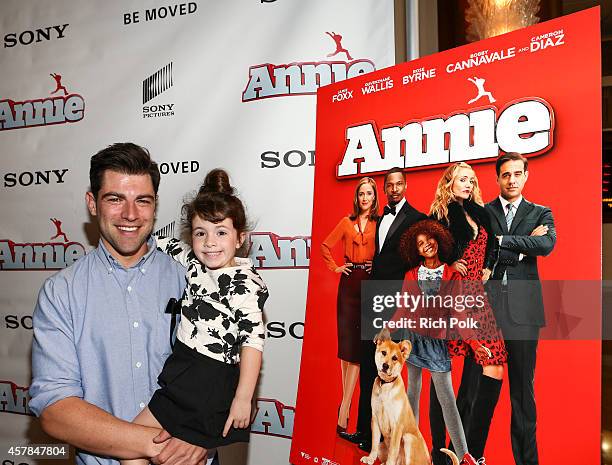 Max Greenfield and daughter Lilly Greenfield host a screening of ANNIE for friends and family at Pacific Theaters at the Grove on October 25, 2014 in...