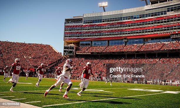 Wide receiver Leonte Carroo of the Rutgers Scarlet Knights runs for a touchdown during their game against the Nebraska Cornhuskers at Memorial...