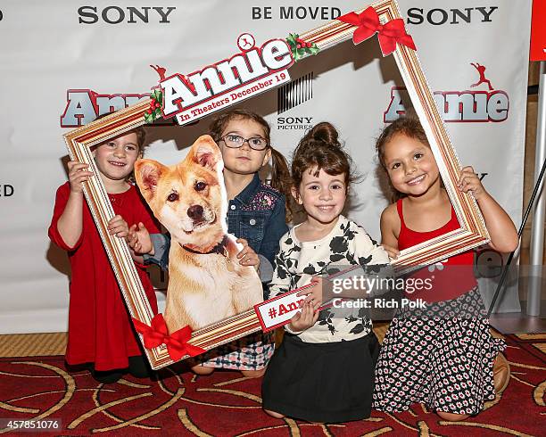 Max Greenfield's daughter Lilly Greenfield and her friends at a screening of ANNIE for friends and family at Pacific Theaters at the Grove on October...