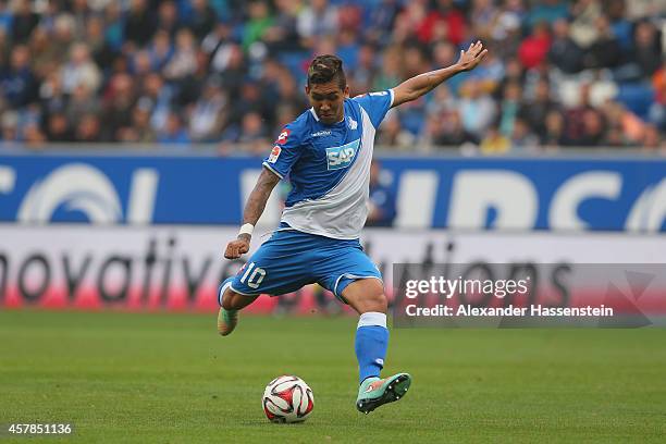 Roberto Firmino of Hoffenheim runs with the ball during the Bundesliga match between TSV 1899 Hoffenheim and SC Paderborn 07 at Wirsol...