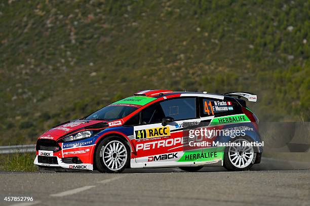 Nicolas Fuchs of Peru and Fernando Mussano of Argentina compete in their Ford Fiesta R5 during Day Two of the WRC Spain on October 25, 2014 in Salou,...