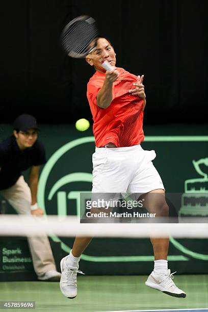 Tsung-Hua Yang of Chinese Taipaei in action against Artem Sitak of New Zealand during day three of the Davis Cup during the Davis Cup tie between New...