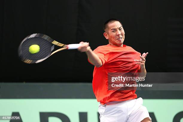 Tsung-Hua Yang of Chinese Taipaei in action against Artem Sitak of New Zealand during day three of the Davis Cup during the Davis Cup tie between New...