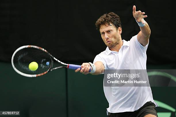 Artem Sitak of New Zealand in action against Tsung-Hua Yang of Chinese Taipaei during day three of the Davis Cup during the Davis Cup tie between New...